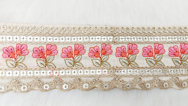 Art Silk Trim Gold Embroidered Sequins Pink Floral Trim, Decorative Trim, Indian Sari Border